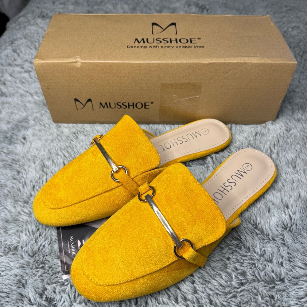 MUSSHOE Women's Slip On Pointed Toe Comfort  Flats Mules Backless Size 5 Yellow